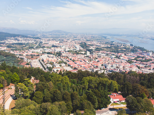 Aerial view of Viana do Castelo, Portugal, with Basilica Santa Luzia Church, shot from drone