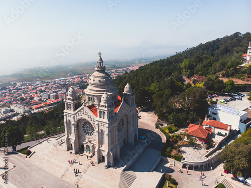 Aerial view of Viana do Castelo, Portugal, with Basilica Santa Luzia Church, shot from drone