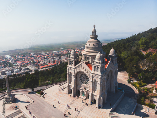 Aerial view of Viana do Castelo, Portugal, with Basilica Santa Luzia Church, shot from drone