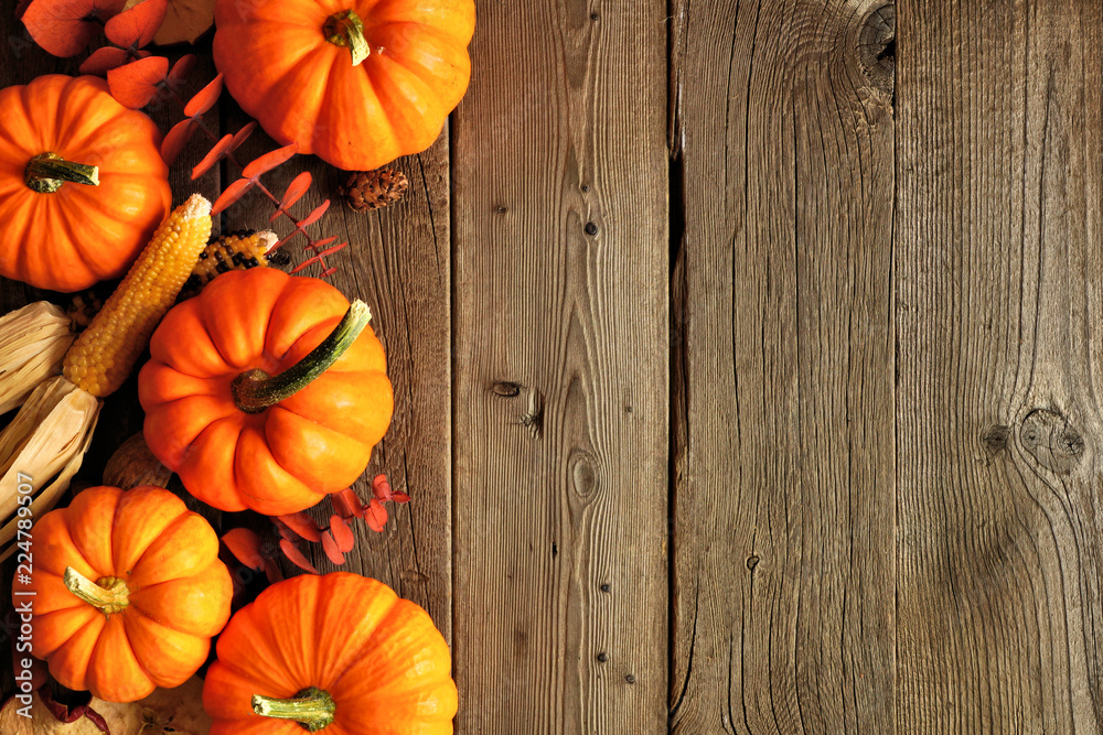 Autumn side border of pumpkins and fall decor on a rustic wood background with copy space - obrazy, fototapety, plakaty 
