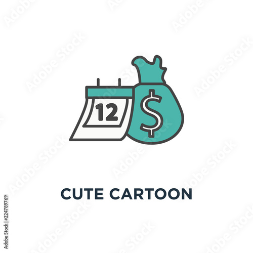 cute cartoon calendar with money bag, the end of the month icon. salary, monthly budget planning, outline modern, concept symbol design, annual payment day, wage, time to pay, financial calendar