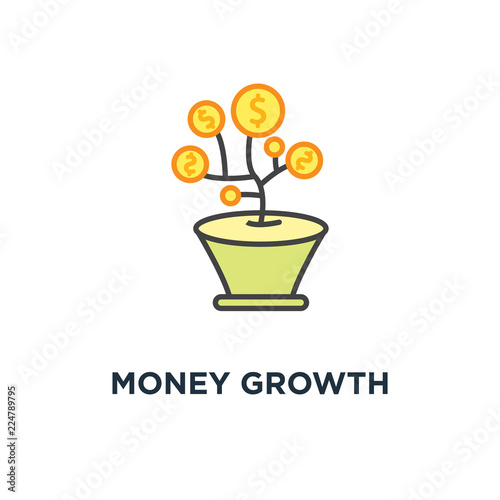 money growth icon, cute cartoon happy money tree, gold dollar currency are growing from the flower pot, business investment,, investment, hand putting gold coin as a seed in flower pot