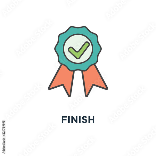 finish icon. completed, achievement, green approved sticker, done stamp, outline, badge, check concept symbol design, fixed, certified, success, check mark vector illustration