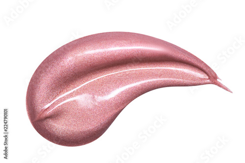 Lip gloss sample isolated on white. Smudged pink makeup product sample