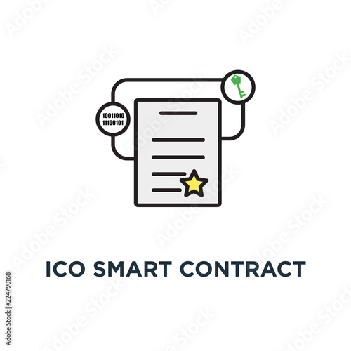 ico smart contract or audited digital agreement involving ones and zeros and key icon, symbol of blockchain and cryptocurrency of digital agreement concept