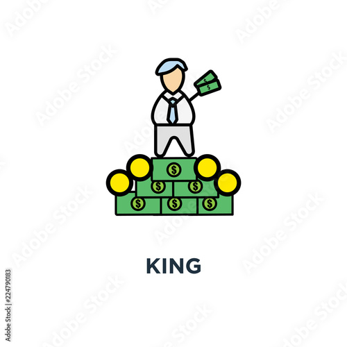 king icon. rich boss, success, cute fun cartoon character with crown fantasizes and sitting on the big pile of money and gold, outline, concept symbol design, chef, master, leader, authority vector