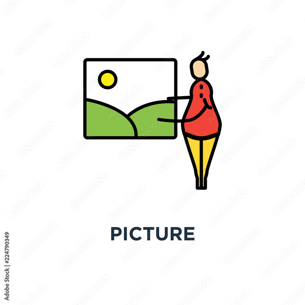 picture icon. photo gallery, photo album, cute cartoon character puts, sending or attaching the picture to the frame, outline, concept symbol design, art, exhibitions, painting, portfolio vector