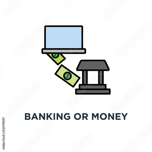 banking or money transfer, after clicking the button on the site icon, online payment, premium quality,, money flies from the laptop directly to the bank, outline