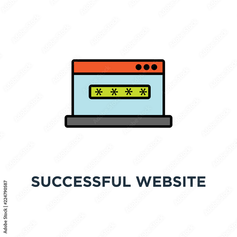 successful website login page on laptop screen with password form icon. security concept symbol design, personal access, user authorization, approved web page in form with check mark, linear login successful website login page on laptop screen with password form icon. security concept symbol design, personal access, user authorization, approved web page in form with check mark, linear login