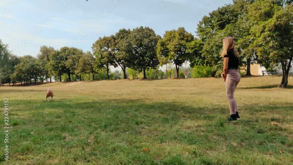 Girl playing fetch with her dog in the park