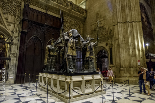 funerary monument to Cristobal Colon inside the cathedral of Seville, Andalucia. Spain