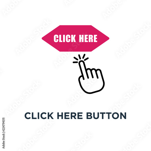 click here button with hand pointer clicking icon.  concept symb