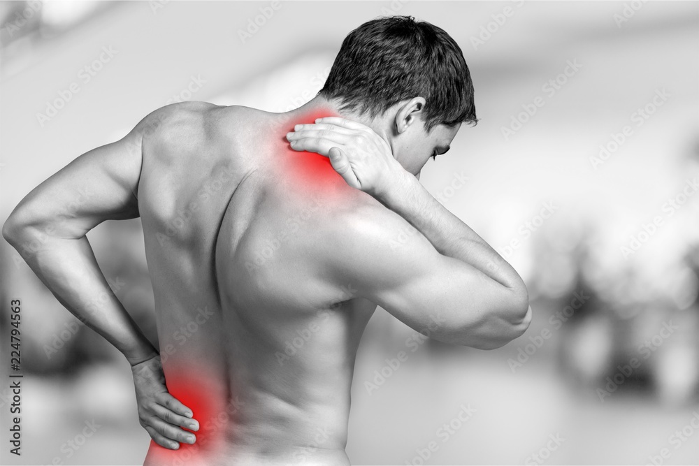 Strong man with neck pain, back view - obrazy, fototapety, plakaty 