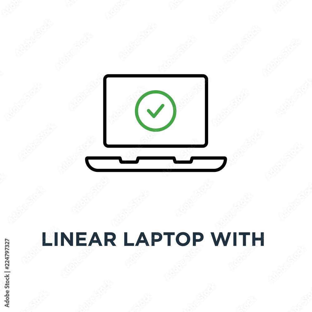 linear laptop with green check mark icon, symbol simple stroke style trend modern graphic art design concept of okay system update process or privacy control support