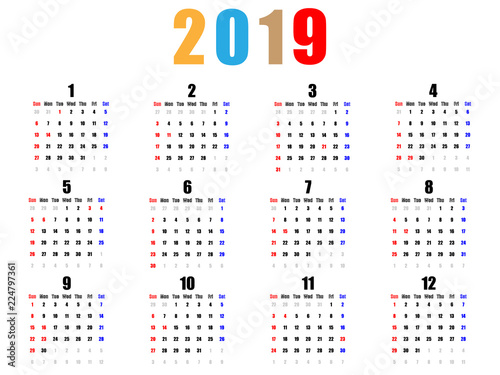 シンプル2019年間カレンダー
