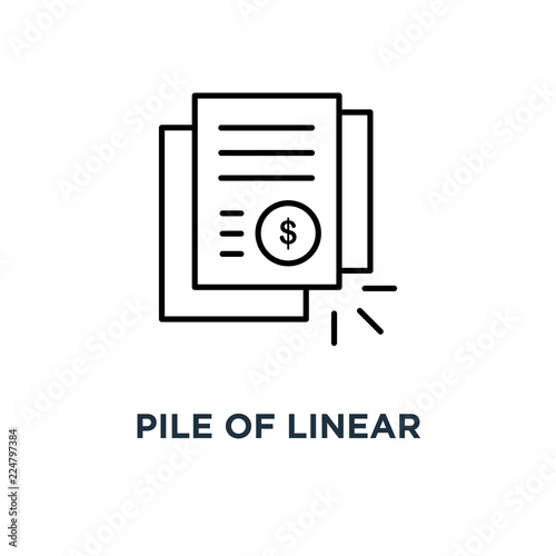 pile of linear invoice or bill documents icon, symbol of dollar banking statement or voucher concept thin trend modern contour accounting logotype graphic stroke art simple design on white