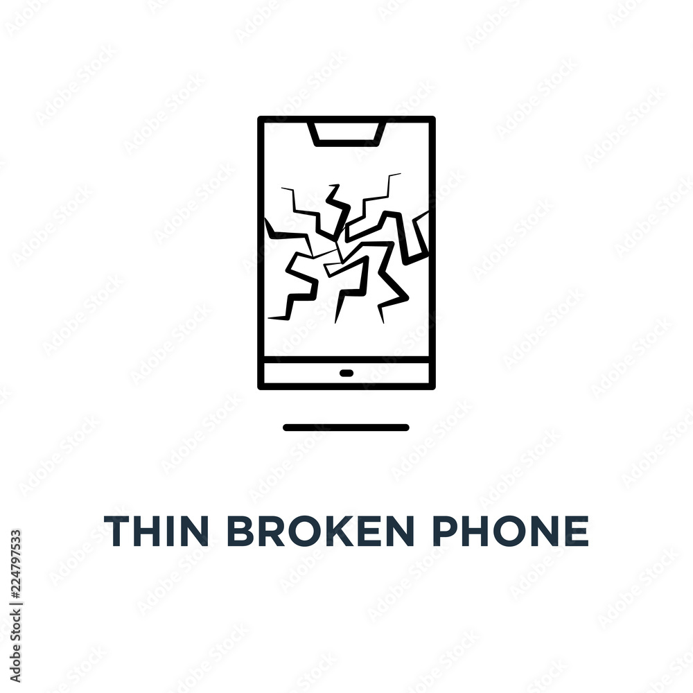 thin broken phone icon, symbol linear style trend modern graphic black contour logotype art design concept of damaged cellular phone or telephone repair service thin broken phone icon, symbol linear style trend modern graphic black contour logotype art design concept of damaged cellular phone or telephone repair service