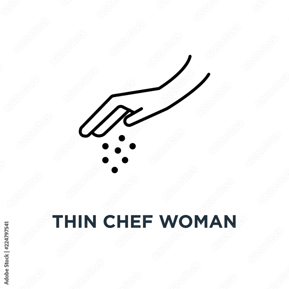 thin chef woman hand with salt icon, symbol of one person arm sprinkled spices or feeding fish concept linear drawing style trend modern black graphic art design