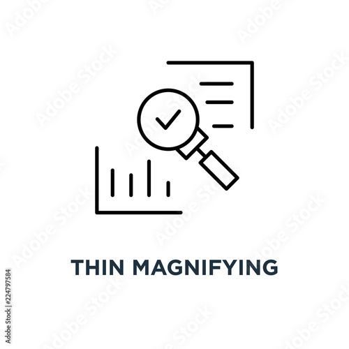 thin magnifying glass like audit assess icon, symbol linear style trend modern logotype graphic art design concept of identification vulnerable or advisor job in business