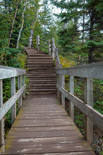 Wooden stairs on hiking trail at Tettegouche State Park along the shores of Lake Superior