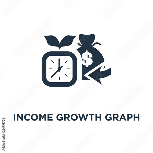 income growth graph icon. money bag and clock face, pension fund savings, superannuation concept symbol design, return on investment chart, budget planning, time is money, arrow up vector illustration