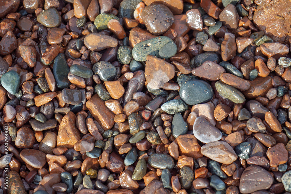 Colorful wet pebbles and rocks background abstract