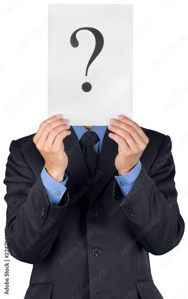 Portrait of a Businessman Holding a White Card with Question Portrait of a Businessman Holding a White Card with Question