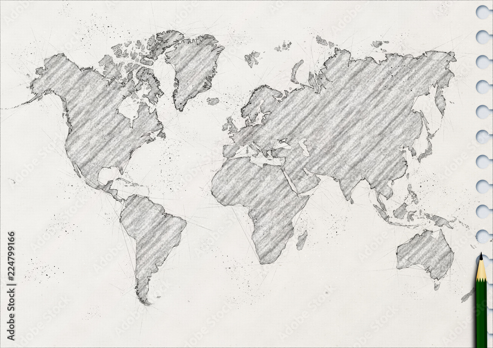 ノートに鉛筆で描いた世界地図
