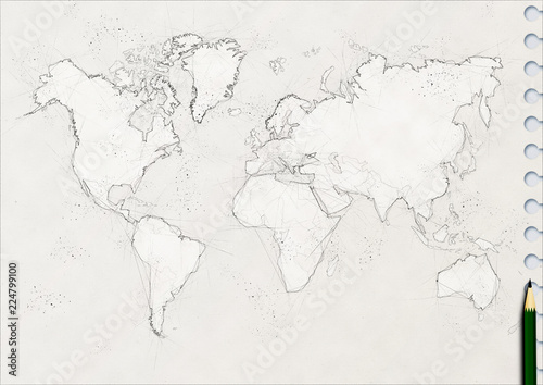 ノートに鉛筆で描いた世界地図