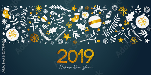 2019 Happy New Year Golden Text on Dark Teal Background Banner
