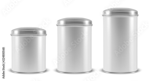 Vector realistic 3d white blank metal aluminium tin can containers with silver cap different size - small, medium and big - icon set closeup isolated on white background. Design template for graphics