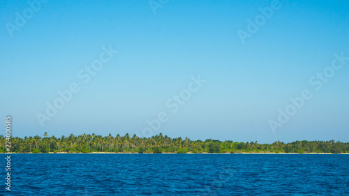 an island with a lot of palm tree coconut in low land islands in the middle of sea in distance
