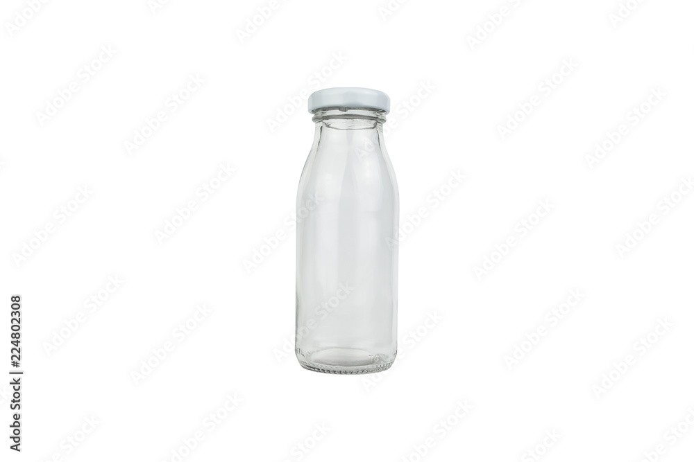 Glass bottle wide mount white plastic lid isolated on white background Glass bottle wide mount white plastic lid isolated on white background