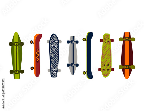 Skateboard vector illustration. Colorful skateboards isolated on white. Hand drawn, doodle. Nursery wall art, kids room decor, kids apparel, placement print, backgrounds and more. 