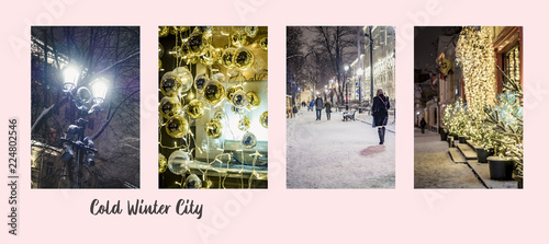 night winter city holidays collage concept design with rectangle photos f