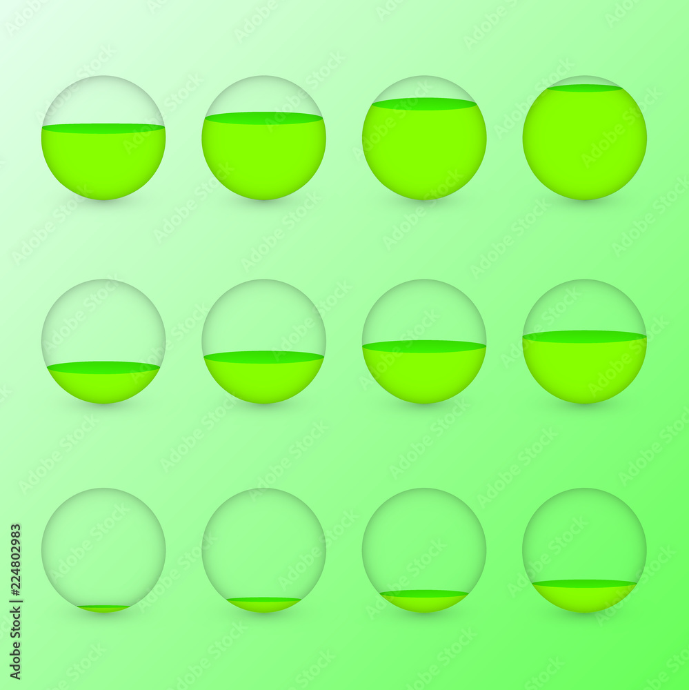 A set of green circular aquariums with different levels of water to show percentage value for info graphic presentation A set of green circular aquariums with different levels of water to show percentage value for info graphic presentation