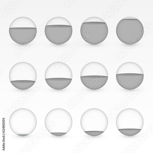 A set of gray or black circular aquariums with different levels of water to show percentage value for info graphic presentation