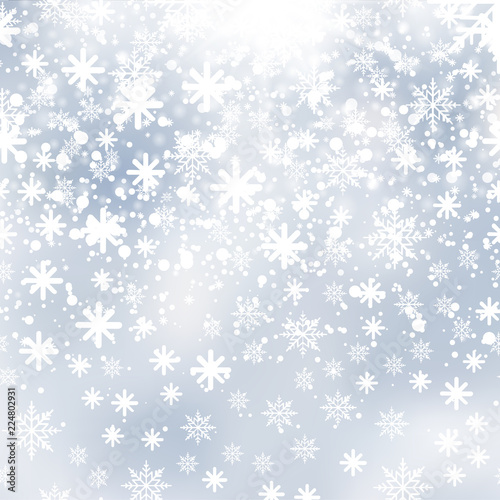 Falling shining snow or snowflakes on blue background for Happy New Year. Vector.