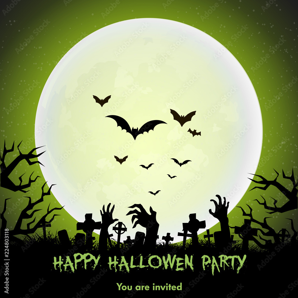 Happy Halloween background with moon and bats. Vector