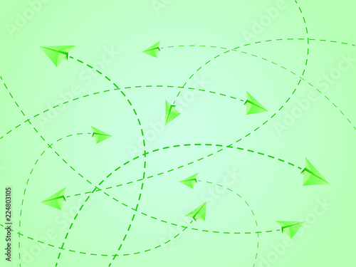 Green color flight routes of paper plane or aircraft with crossing lines vector illustration 