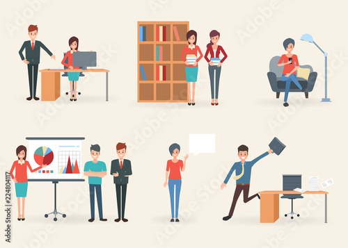 Business people collection with job at office. infographic administration. illustration vector flat design.