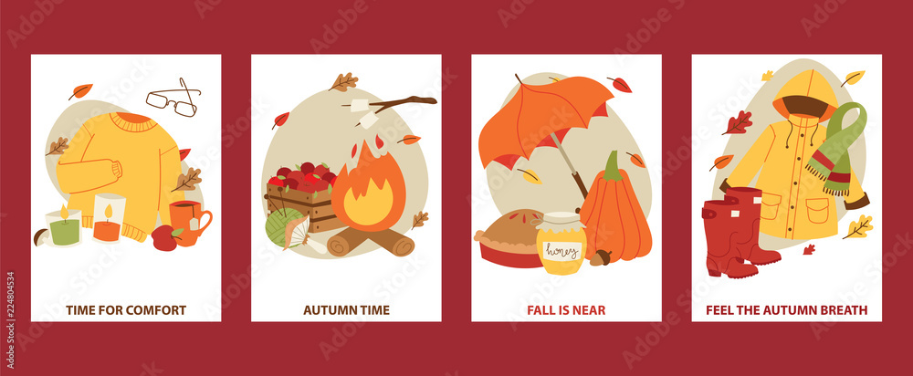 Autumn symbols banner items card with clothes related to autumn. Rainy cold time to celebrate Happy gold and yellow autumn time. Umbrella, leaf fall, medicines, foliage, rain
