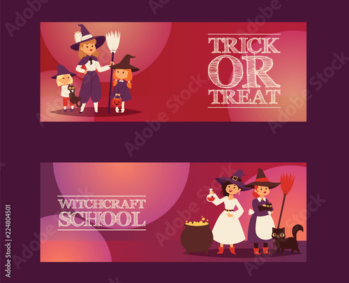 Cute little Halloween girl witchs with broom cartoon set of happy Halloween greeting invintation poster card party design print magic card fantasy young character costume hat vector illustration