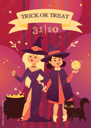 Cute little Halloween girl witchs with broom cartoon set of happy Halloween greeting invintation poster card party design print magic card fantasy young character costume hat vector illustration