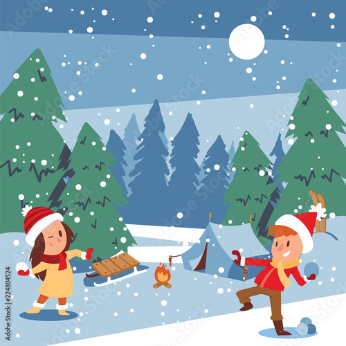 Christmas kids playing winter games skating, skiing, sledding, girl dresses up Christmas tree, boy makes a snow man, children playing snowballs. Cartoon New Year winter holidays background