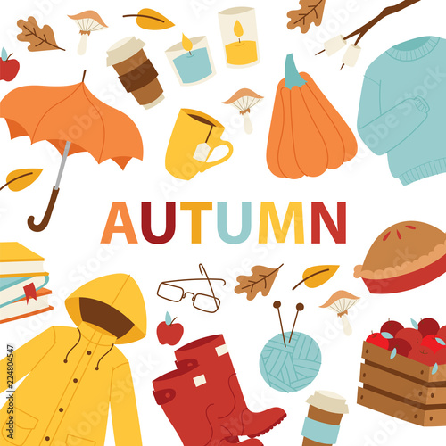 Autumn symbols banner items card with clothes related to autumn. Rainy cold time to celebrate Happy gold and yellow autumn time. Umbrella, leaf fall, medicines, foliage, rain