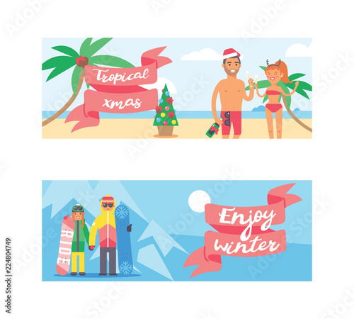 Different people family and friends Christmas winter vacation holidays. Happy family travel and celebrating Xmas together. People on winter New Year vacation together characters vector illustration