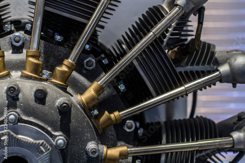 Old aircraft star air-cooled engine, close up photo