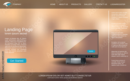 Website landing page design template. Colorful blurred vector background with desktop monitor illustration