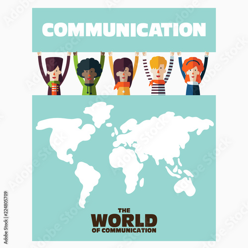 Group of smiling, young, multi-ethnic people with World map banner. Communication, assistance, partnership, cooperation, collaboration and teamwork vector concept